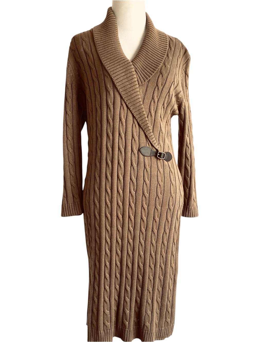 Ellen Tracy Brown Cable Knit Long Sleeve Sweater Dress Large Acrylic Equestrian